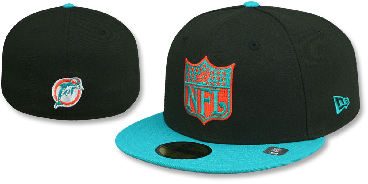 Men's New Era Miami Dolphins THROWBACK NFL SHIELD-BASIC Black-Aqua 59FIFTY Fitted Hat