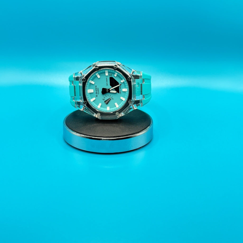 Custom GA-2100 Octagonal Watch Clear Case Sky Blue Dial Casio G-SHOCK Pool Blue