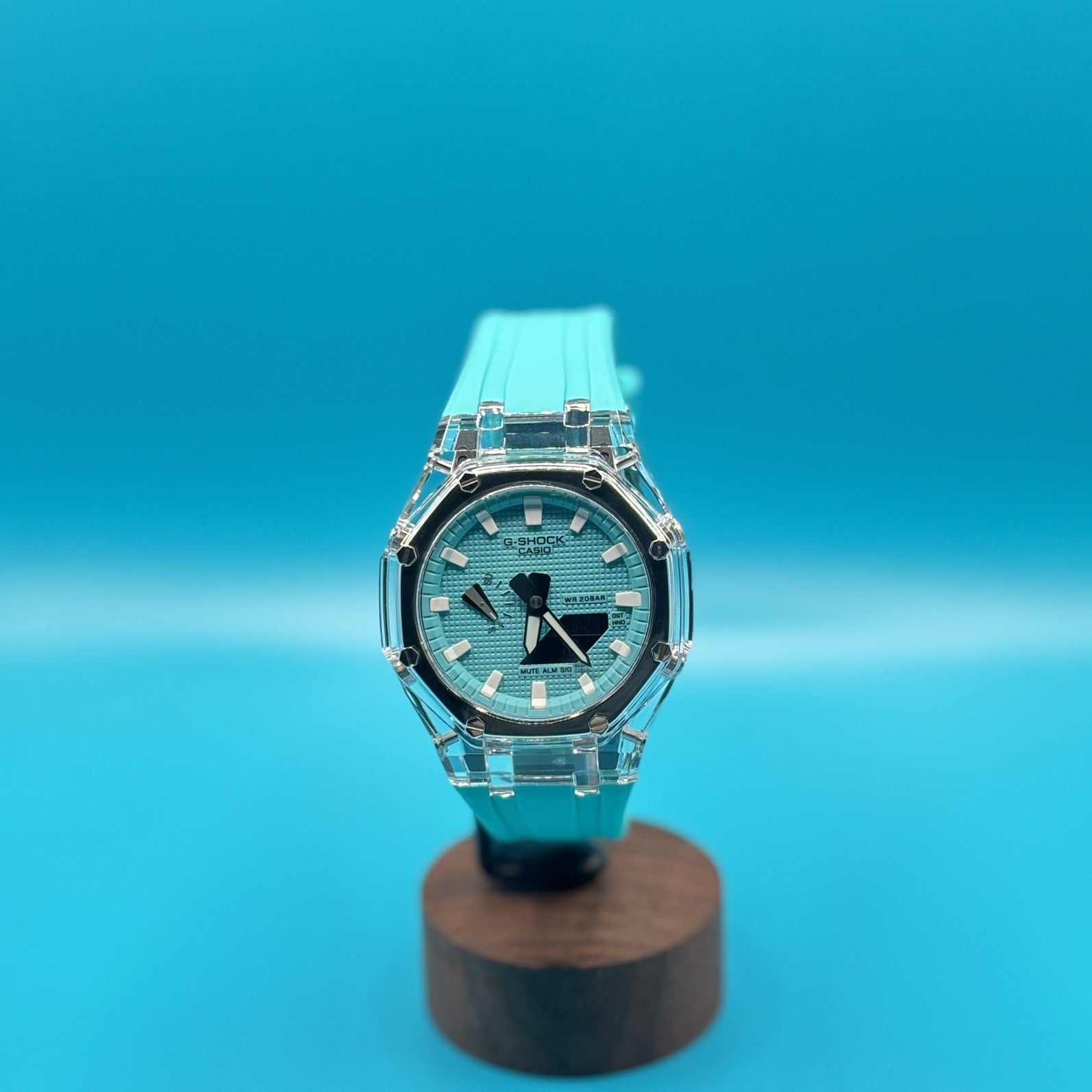 Custom GA-2100 Octagonal Watch Clear Case Sky Blue Dial Casio G-SHOCK Pool Blue
